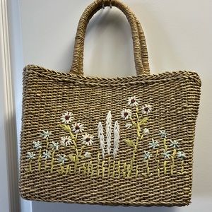Embroidered Straw Tote Bag